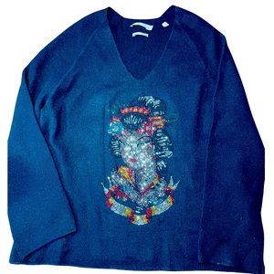 Cashmere, Vince navy sweater and rhinestone Geisha embellishment. Size Medium.